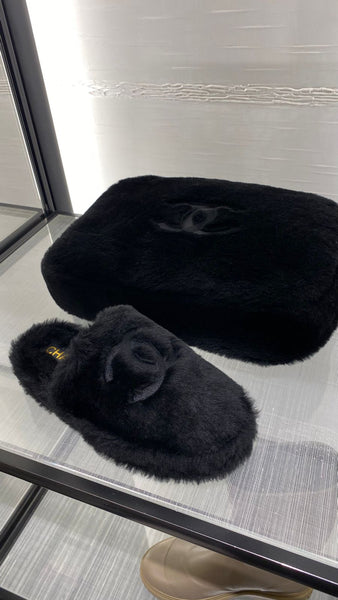 CHANEL Shearling Black Home Slippers + Pouch Bag