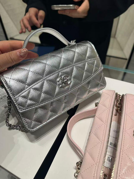 CHANEL Vanity Top Handle — Silver Metallic Caviar, GHW