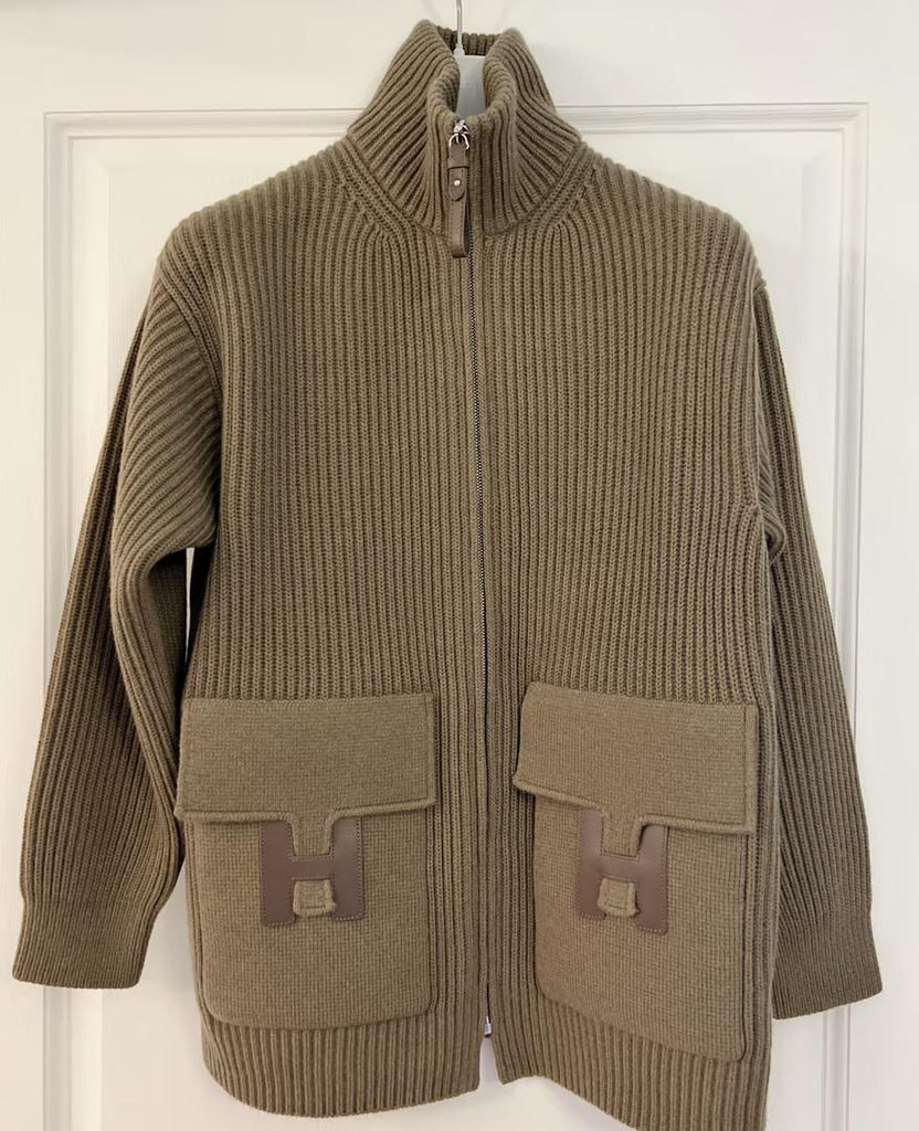 Hermès Wool Knit “H” Jacket Cardigan — Etoupe, FW25