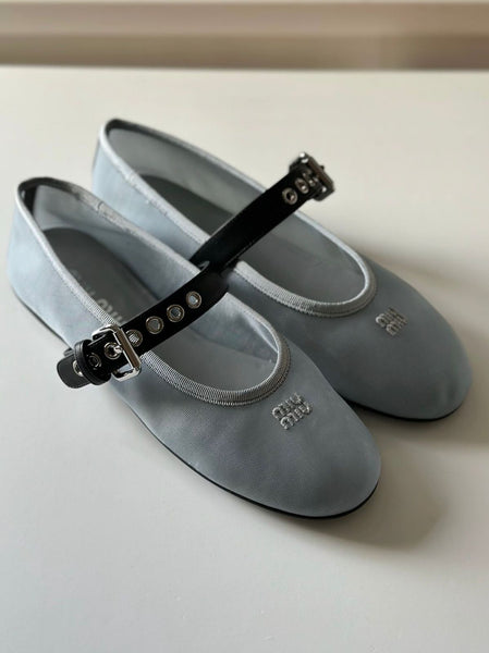 Miu Miu Mesh Ballerinas — Light Grey Satin Mesh with Black