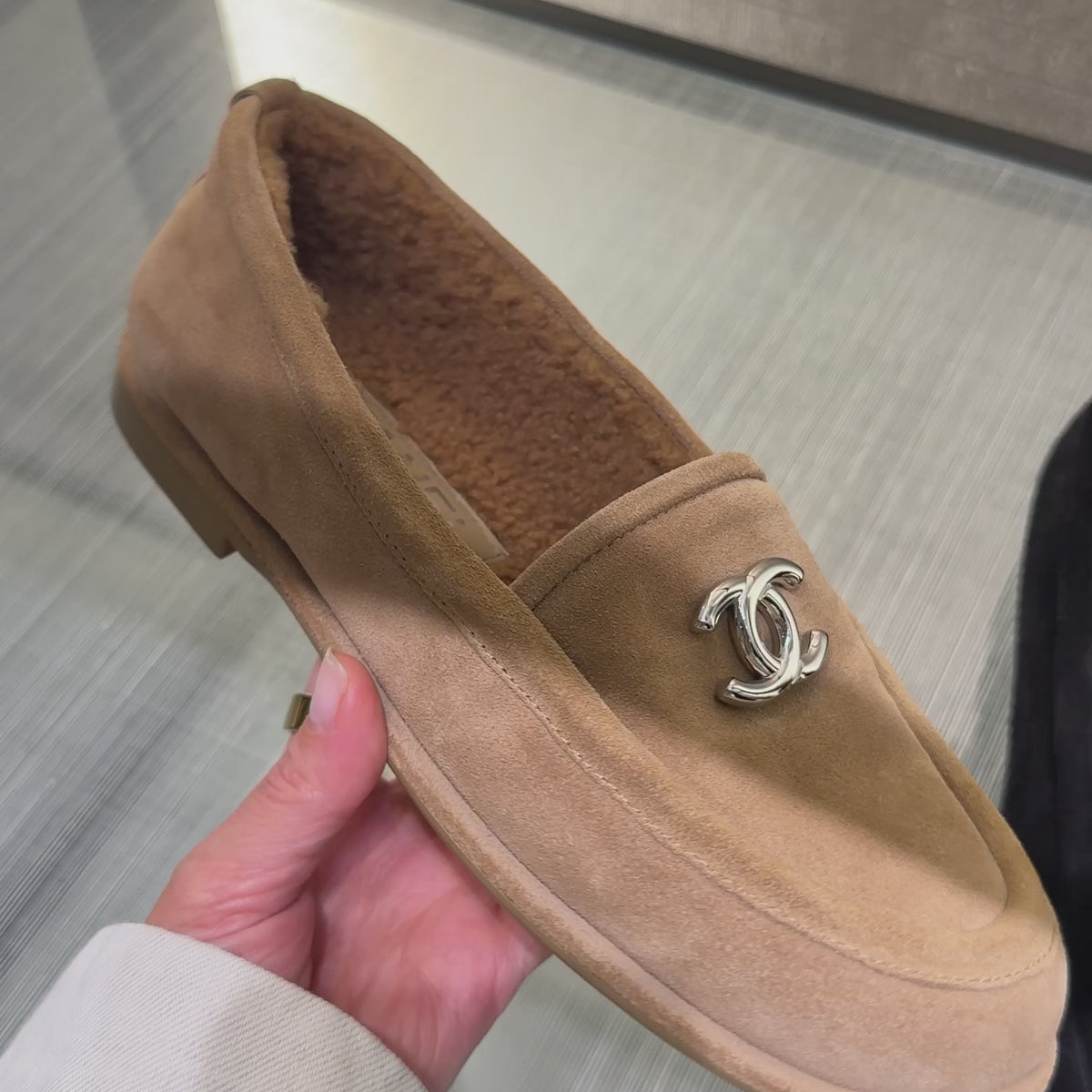 CHANEL Tan Suede Fur-Trim Loafers with Silver CC Chanel Suede Calfskin CC Loafers 37.5 Dark Beige 1844675  main image 2