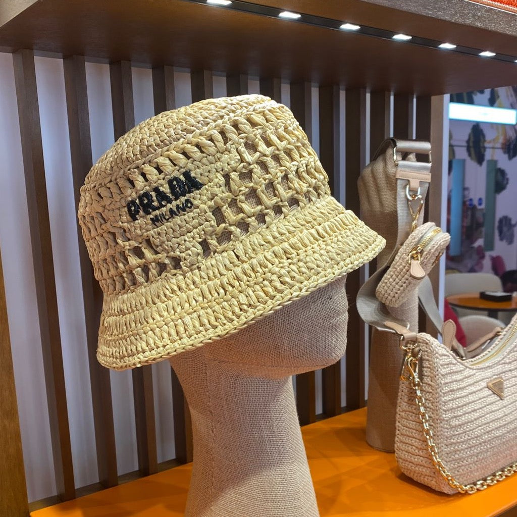 Prada tan raffia bucket hat