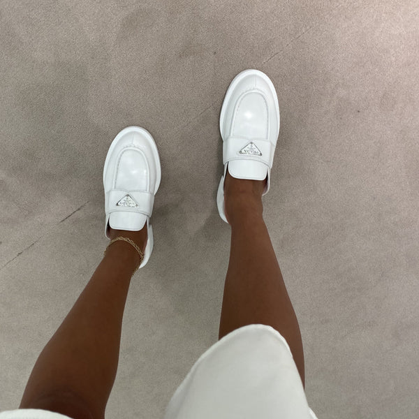 Prada white brushed leather mules
